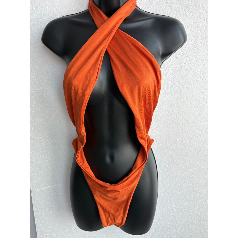 Bella Body X One Piece Crossover Swimsuit and Swim Skirt Rust Orange Size M